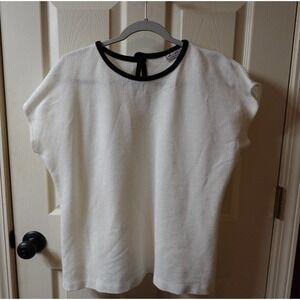 Amy Jess Vintage White Knit Top Black Trim Keyhole Back Made in USA Large